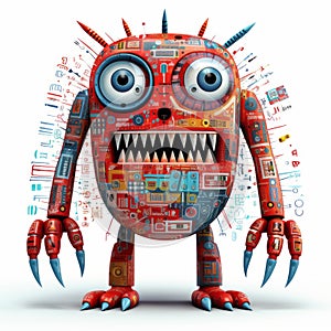 Grotesque Red Robot Monster With Electronic Pieces - Highly Detailed Illustration