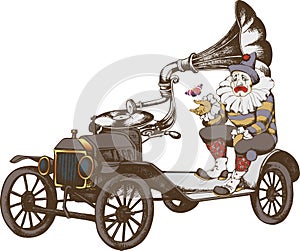 Grotesque steampunk car and sad clown