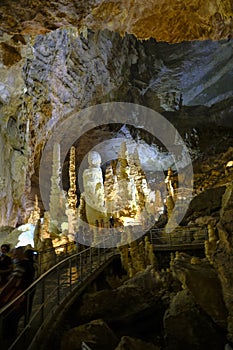 Grotta di Fracassi, Genga, Italy. Excursion inside one of the biggest caves in Italy. Stalactites and stalagmites closeup