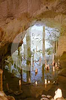 Grotta di Frasassi, Genga, Italy. inside one of the most extensive caves in Italy. Lake in the cave,
