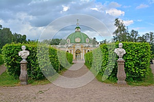Grotto in Formal Gardens with statues in Kuskovo estate in Moscow