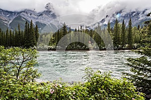 Grotto mountain and the Bow river in Canmore