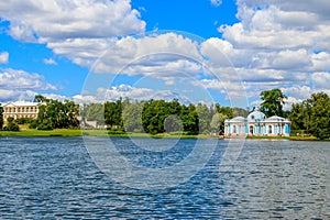 Grotto pavilion and Cameron gallery on shore of Big Pond in Catherine park at Tsarskoye Selo in Pushkin, Russia