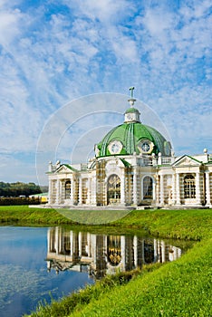 The Grotto Pavilion with reflection in water in park Kuskovo