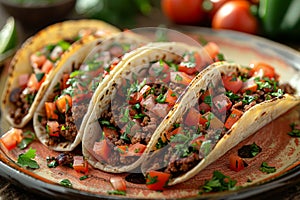Ground beef tacos on a plate, garnished with fresh herbs, for culinary websites. Trendy Mexican food.