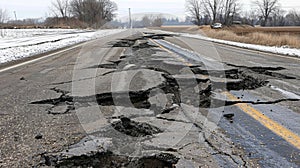 The ground beneath a road and accompanying oil pipelines has sunk and shifted causing dangerous cracks and dips in the photo