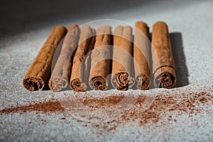 Ground Ceylon cinnamon sprinkled in front of real cinnamon sticks on a light background