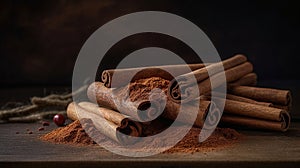 Ground cinnamon, cinnamon sticks, tied with jute rope on old wooden background in rustic style, generative ai