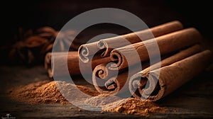 Ground cinnamon, cinnamon sticks, tied with jute rope on old wooden background in rustic style, generative ai