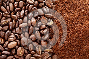 Ground coffee and beans in closeup