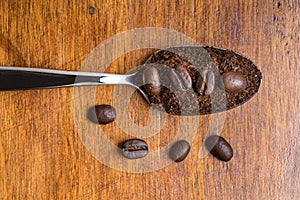 Ground coffee beans on metal spoon