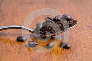 Ground coffee beans on metal spoon