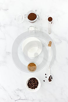 Ground Coffee and Beans, White and Brown Sugar and Coffee Cup