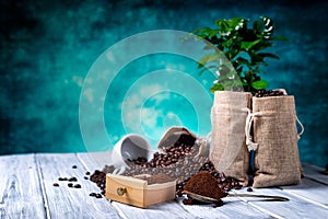 Ground coffee with coffe plants