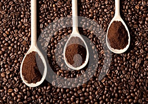 Ground coffee on coffee beans