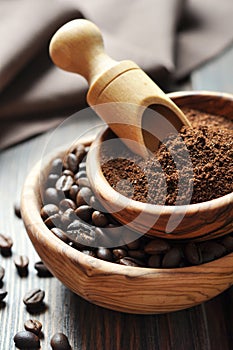 Ground coffee and coffee beans