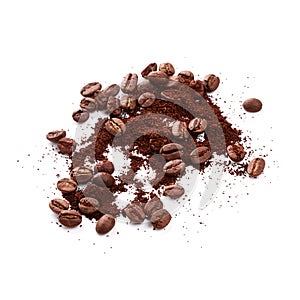 Ground coffee with coffee beans