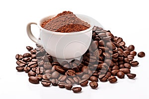 Ground coffee in cup on white