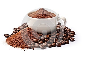 Ground coffee in cup on white