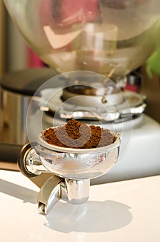 Ground coffee in the grouphead
