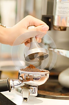 Ground coffee in the grouphead