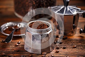 Ground coffee and moka pot photo