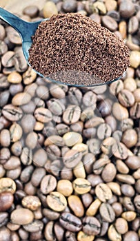 Ground coffee powder in a metal spoon in the foreground, against the background of roasted aromatic coffee beans. Coffee