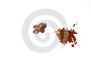 Ground coffee and roasted beans on a white background, isolated.