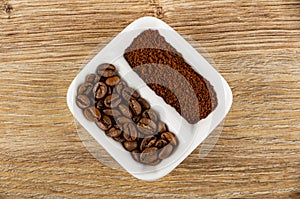 Ground coffee and roasted coffee beans in partitioned bowl on table. Top view