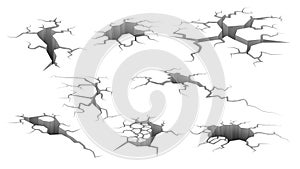 Ground cracks. Earthquake crack, hole damaged effect. Cracked land, concrete surface with splits isolated 3d vector set