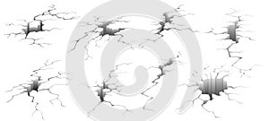 Ground cracks. Earthquake crack, hole effect and cracked surface isolated vector illustration set