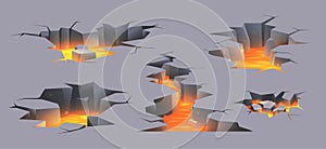 Ground cracks and lava vector set