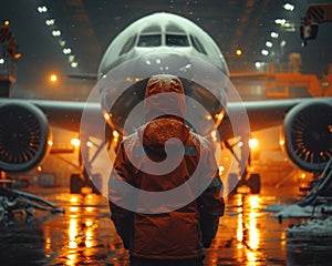 Ground crew worker is standing in front of the airplane in hangar at night in winter Archivio Fotografico
