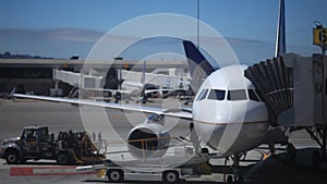 Ground crew working on unloading an airplane