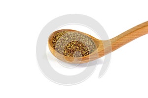 Ground or crushed brown flax seed or linseed isolated on white.