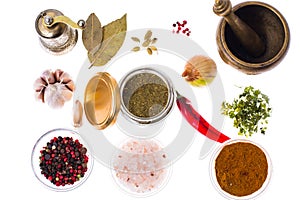 Ground dried herb spices and spices in glass jar