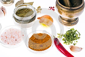 Ground dried herb spices and spices in glass jar