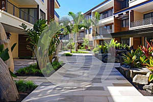 ground floor patios with privacy landscaping at a deluxe complex