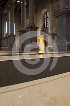 Ground floor of Scuola Grande della Misericordia in Venice during an exhibition