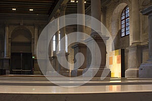 Ground floor of Scuola Grande della Misericordia in Venice during an exhibition