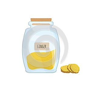 Ground ginger stored in clear jar isolated on white background. Piquant condiment, food spice, cooking ingredient in