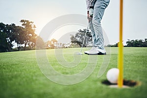 Ground, golf hole and man with golfing club on course for game, practice and training for competition. Professional