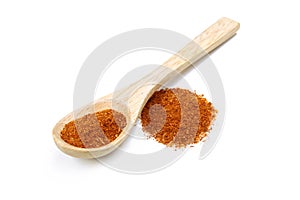 Ground hot spices in a wooden spoon