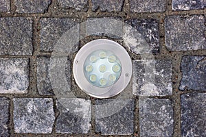 Ground lamp. LED lamp. Street lighting. Lamp on the sidewalk.