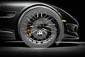 Ground level close-up image of a black sportscar front wheel with light alloy rim