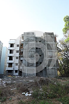 A ground level view of an under construction building