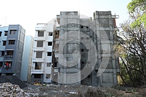 A ground level view of an under construction building