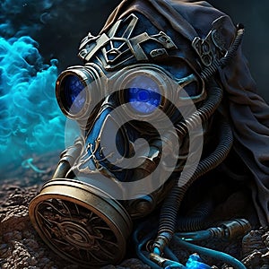 On the ground lies a gas mask with blue steampunk eyes, depicted in a fantasy art style with a steampunk theme. Generative Ai