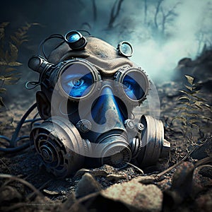 On the ground lies a gas mask with blue steampunk eyes, depicted in a fantasy art style with a steampunk theme. Generative Ai