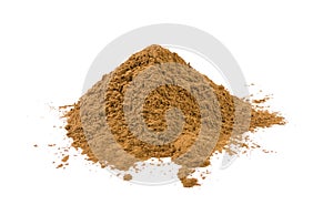 Ground or milled cinnamon heap isolated on white background. front view